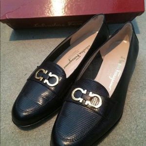 Ferragamo Black Embossed Calfskin Flats